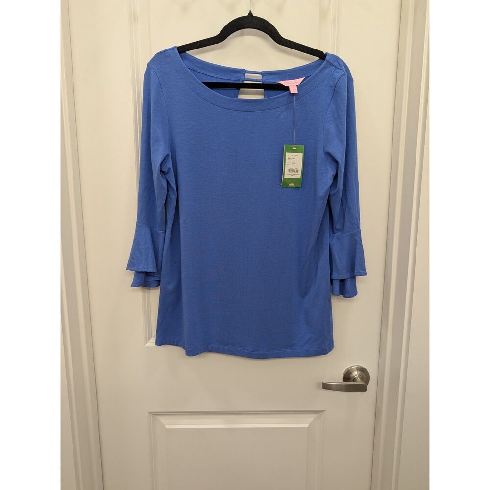 NWT Lilly Pulitzer Blue Fontaine Ruffle Sleeve Boatneck Top Medium
